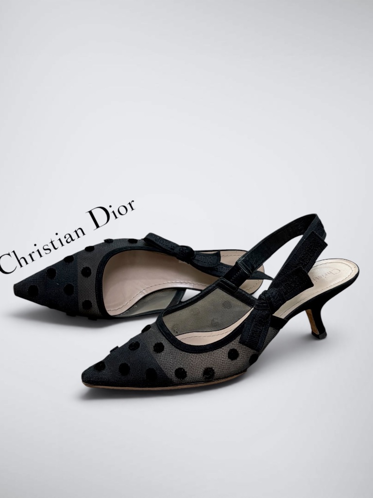 Christian Dior J'adior Black Plumetis Mesh Polka Dot Slingback Pumps Heels